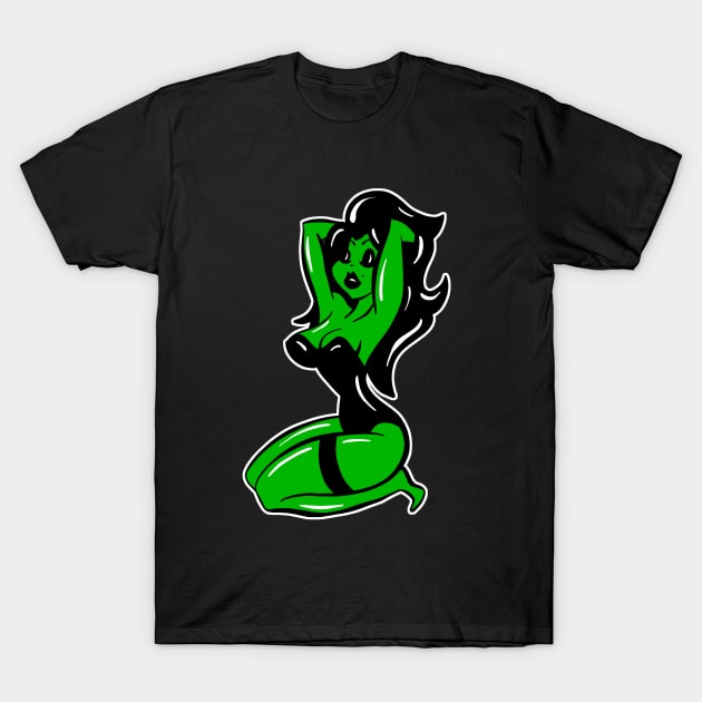 Sexy Green Zombie Woman Cartoon T-Shirt by Squeeb Creative
